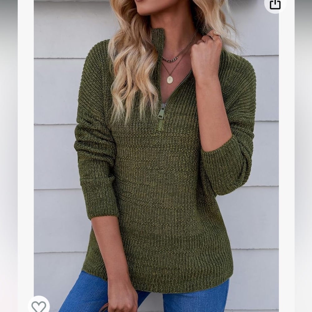 Green Waffle Knit Ling Sleeve Zip Sweater